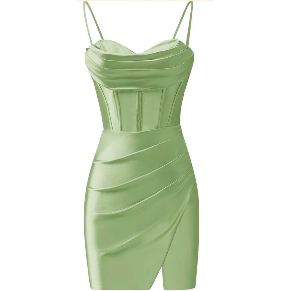 Satin Sage green cocktail party mini dress corset bodice Size 12 Homecoming
